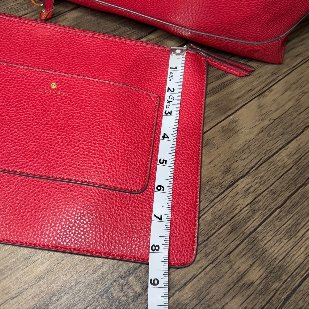 Travanti Women's Red Vegan Leather Detachable Zippered Pouch Tote Satchel - Picture 5 of 9